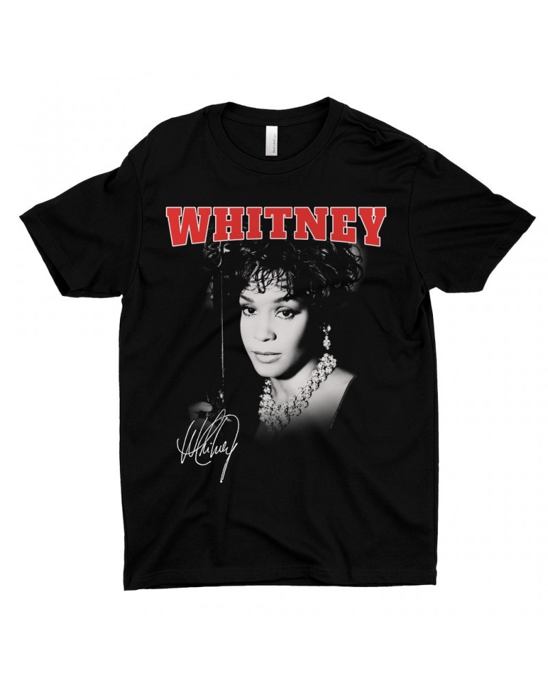 Whitney Houston T-Shirt | Black And White Photo Collegiate Logo Shirt $13.74 Shirts