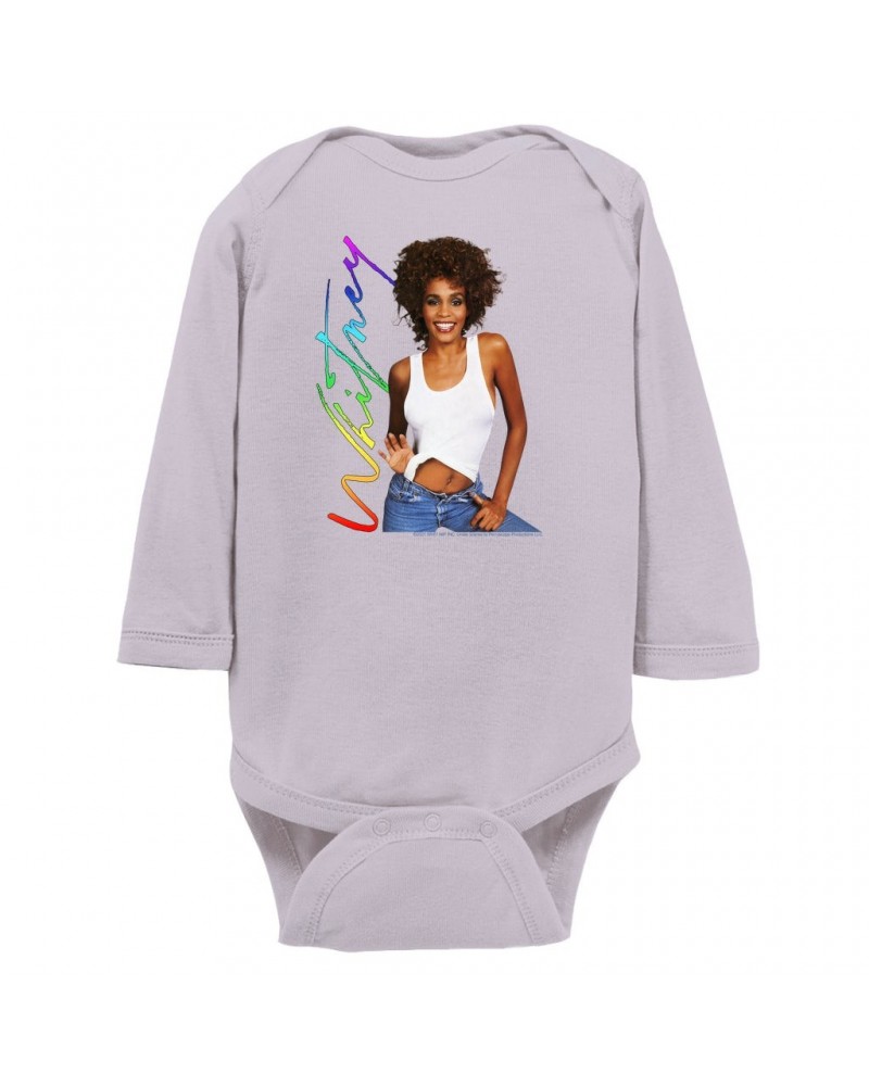 Whitney Houston Long Sleeve Bodysuit | 1987 Album Photo Rainbow Signature Image Bodysuit $6.83 Shirts