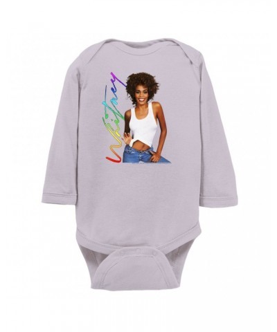 Whitney Houston Long Sleeve Bodysuit | 1987 Album Photo Rainbow Signature Image Bodysuit $6.83 Shirts