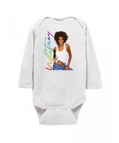 Whitney Houston Long Sleeve Bodysuit | 1987 Album Photo Rainbow Signature Image Bodysuit $6.83 Shirts