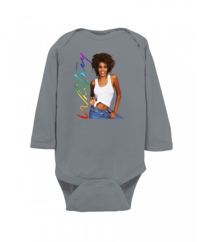 Whitney Houston Long Sleeve Bodysuit | 1987 Album Photo Rainbow Signature Image Bodysuit $6.83 Shirts